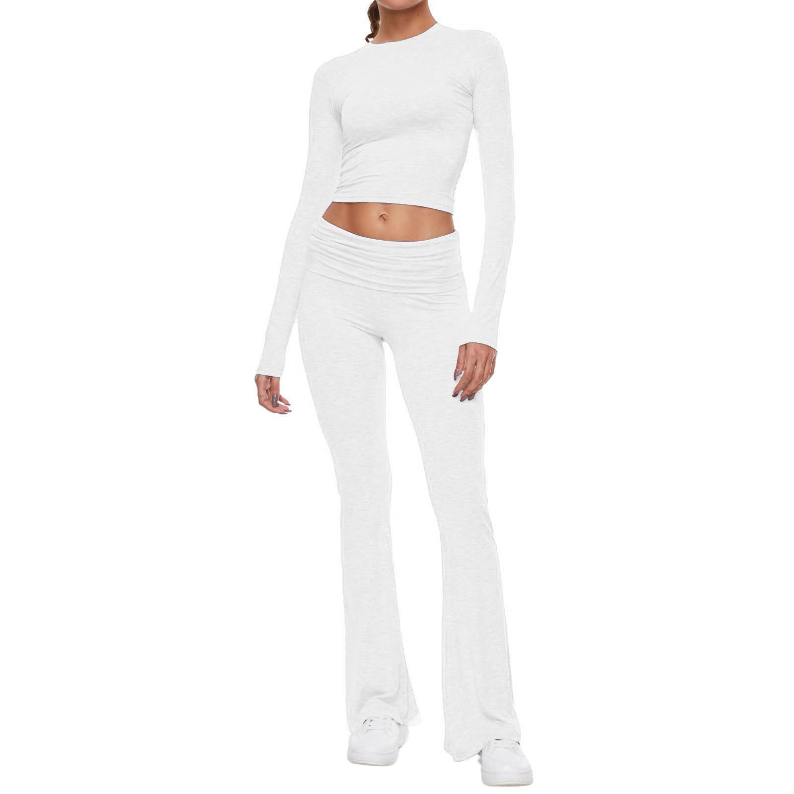 thumbnail image 4 of Conjunto de 2 piezas para mujer: top corto de manga larga y pantalones acampanados, cintura elástica, poliéster/spandex, tallas XS-L para uso informal/vacaciones, 4 of 5